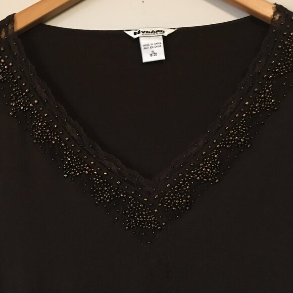 Nygard Collection Rayon High Banded Waist Bead + Lace Collared Top - Picture 3 of 16